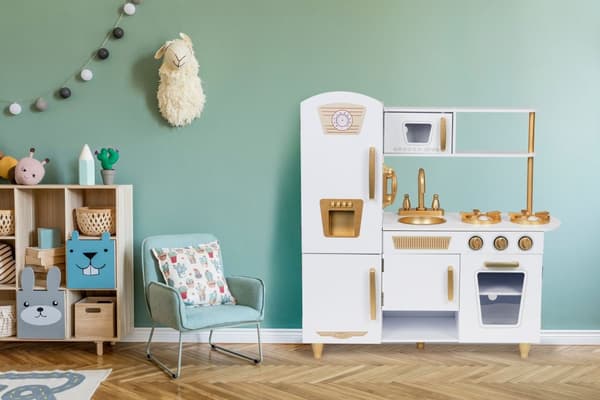 Suuri puinen leikkikeittiö lapsille, valkoinen ja kulta, ECOTOYS