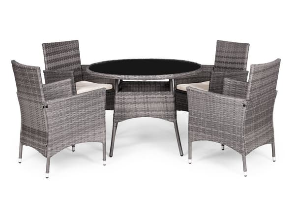 Hagemøbelsett med rottinglignende finish – 4 stoler + MultiGarden rundt bord