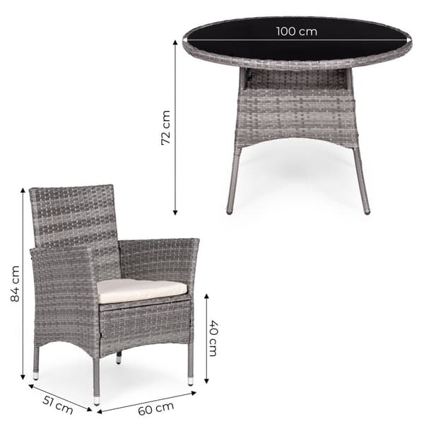 Hagemøbelsett med rottinglignende finish – 4 stoler + MultiGarden rundt bord