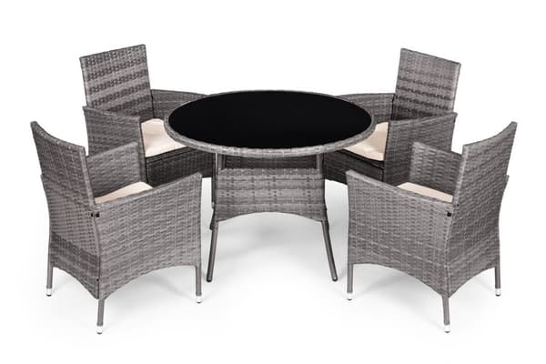 Hagemøbelsett med rottinglignende finish – 4 stoler + MultiGarden rundt bord