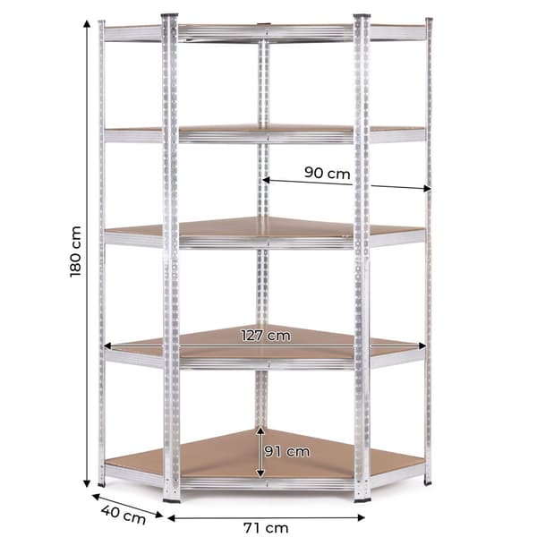 Hjørneoppbevaringsstativ 180x90x40 cm Galvanisert stål, 5 hyller, 875 kg Kapasitet ModernHome