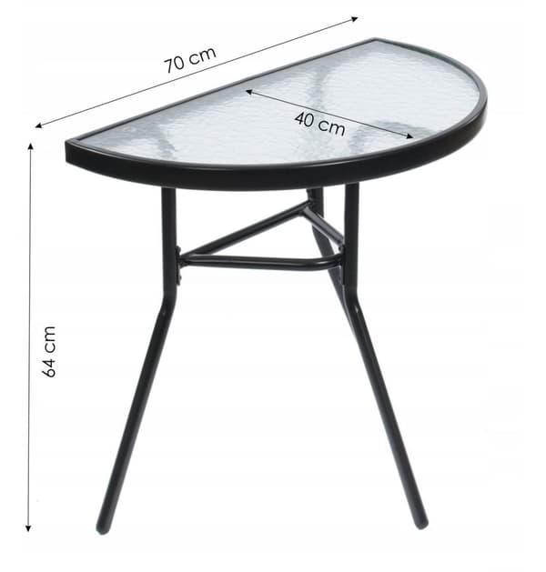 Halvcirkulært sofabord i sort glas til altan, terrasse, gårdhave