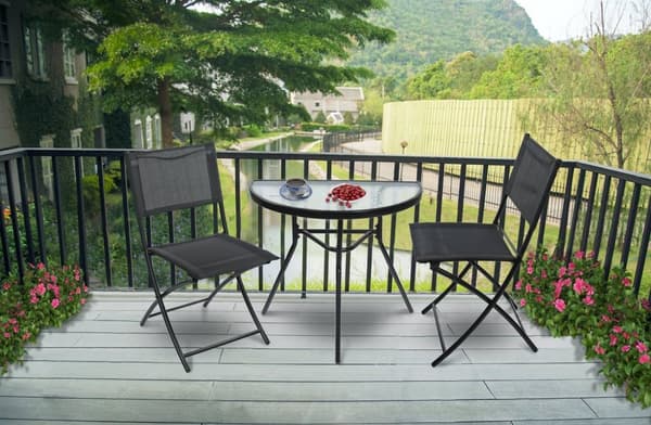 Halvcirkulært sofabord i sort glas til altan, terrasse, gårdhave