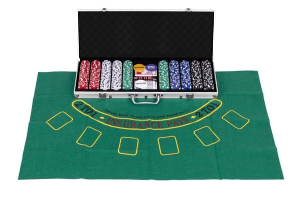 Poker- og blackjack-sæt – 500 jetoner, 2 sæt kort, terninger, spillemåtte, låsbar kuffert
