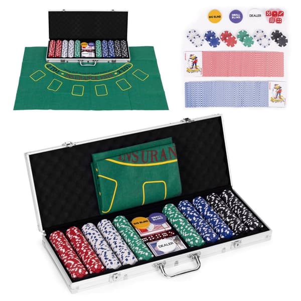 Poker- og blackjack-sæt – 500 jetoner, 2 sæt kort, terninger, spillemåtte, låsbar kuffert