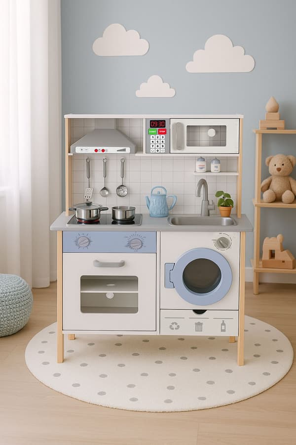 Kids Play Kitchen med lyder, LED, ovn, vaskemaskin og tilbehør ØKOLEKER