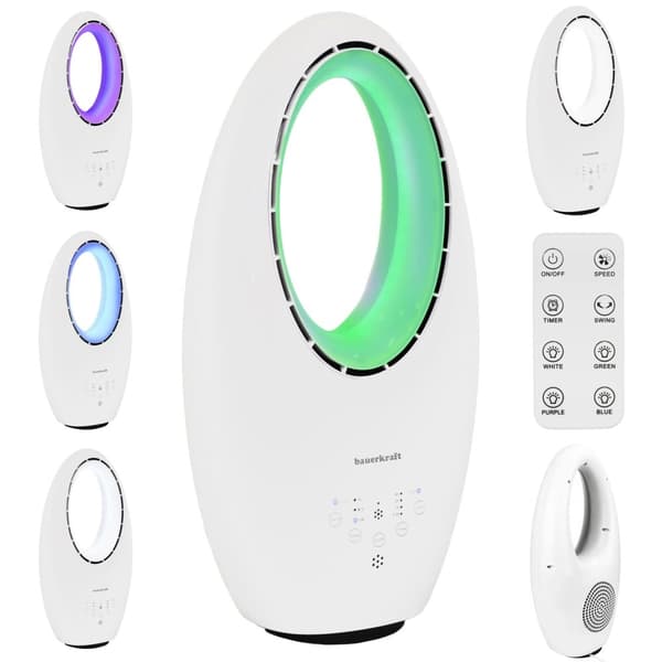 Moderne bladløs stående gulvventilator 60W – 3 tilstande, fjernbetjening, timer, LED-belysning