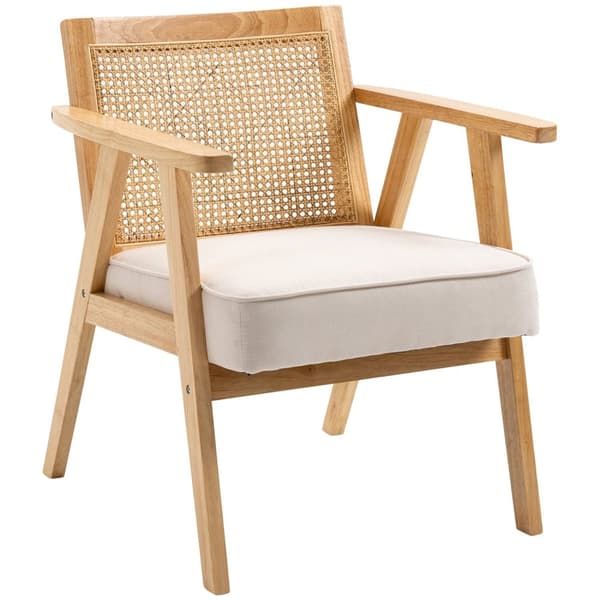 Eksotisk polstret stol, gummitræ, sædehynde i hørlook, 63L x 69W x 78H cm, cremehvid