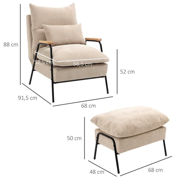 Polstret lænestol med fodskammel, lænestol med lænefunktion, polstret stol, hynde, tv-lænestol, 68 x 91,5 x 88 cm, beige