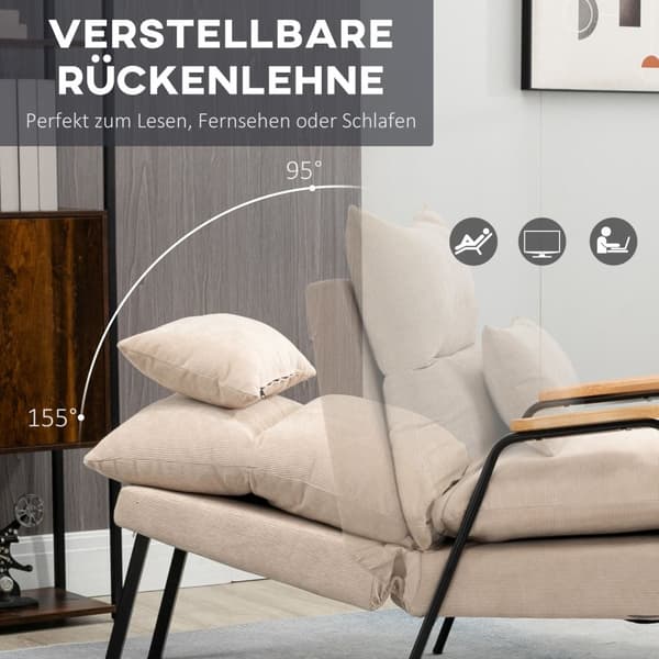 Polstret lænestol med fodskammel, lænestol med lænefunktion, polstret stol, hynde, tv-lænestol, 68 x 91,5 x 88 cm, beige