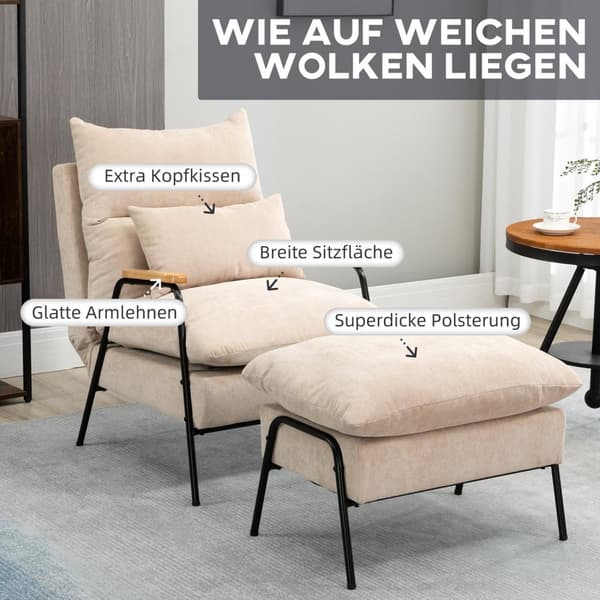 Polstret lænestol med fodskammel, lænestol med lænefunktion, polstret stol, hynde, tv-lænestol, 68 x 91,5 x 88 cm, beige