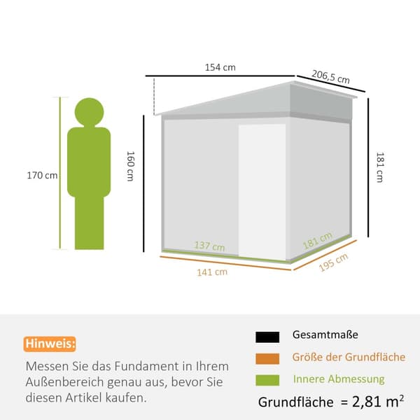 Værktøjsskur i metal 2,81m² 154x206,5x181 cm redskabsskur med pent tagfundament