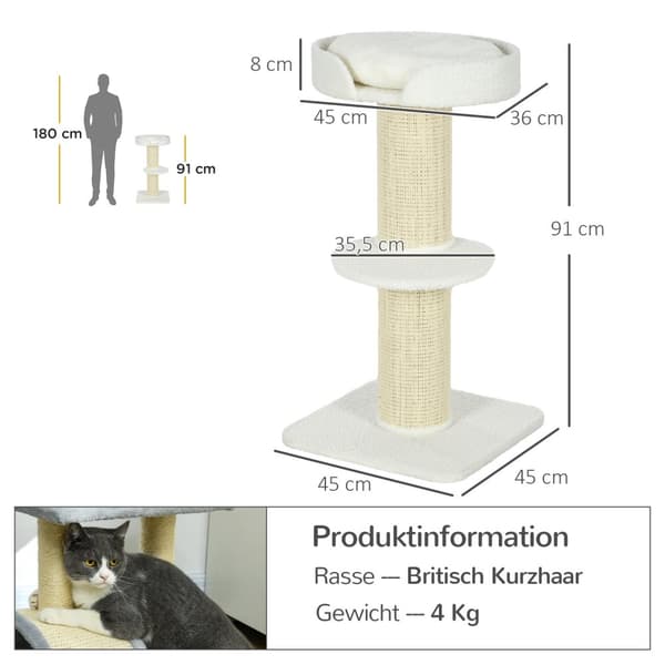 Kattetræ 91cm legetræ med katteseng, platform lammeuldscreme