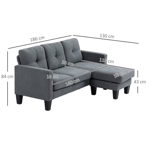 L-formet hjørnesofa med chaiselong, der kan sættes på begge sider, polstret sofa, mørkegrå