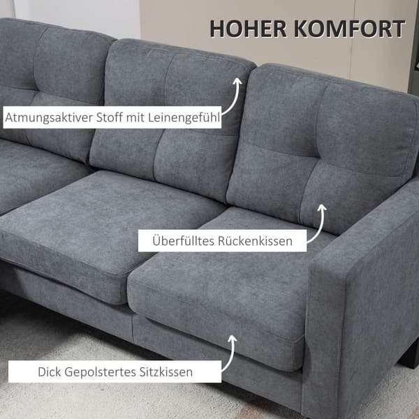 L-formet hjørnesofa med chaiselong, der kan sættes på begge sider, polstret sofa, mørkegrå