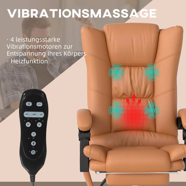 Massagekontorstol, skrivebordsstol med varmefunktion, drejestol, lænefunktion, højdejusterbar pc-stol, lysebrun