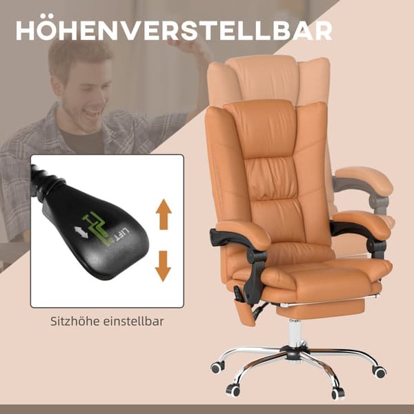 Massagekontorstol, skrivebordsstol med varmefunktion, drejestol, lænefunktion, højdejusterbar pc-stol, lysebrun