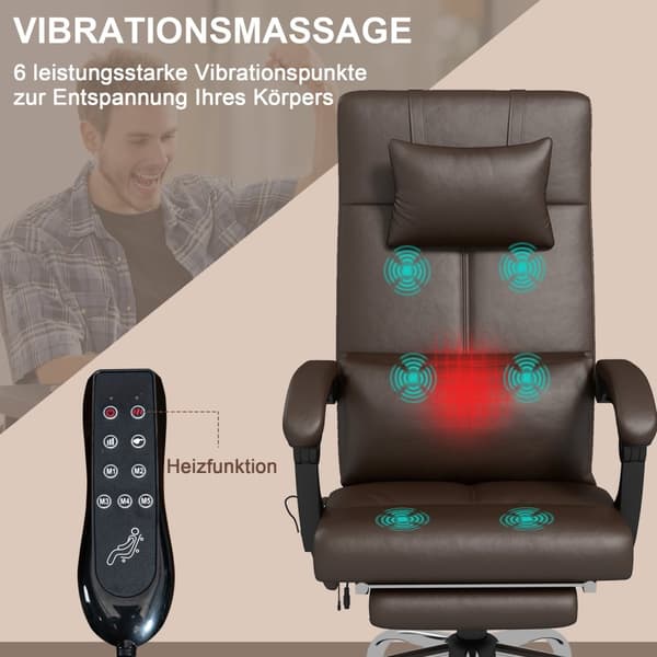 Kontorstol med massagefunktion, ergonomisk skrivebordsstol med lænefunktion, nakkestøtte, højdejusterbar, brun