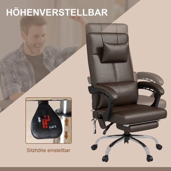 Kontorstol med massagefunktion, ergonomisk skrivebordsstol med lænefunktion, nakkestøtte, højdejusterbar, brun