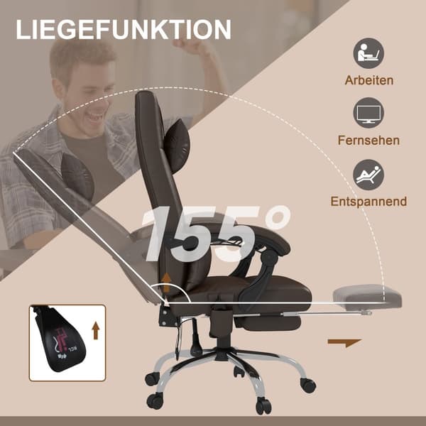 Kontorstol med massagefunktion, ergonomisk skrivebordsstol med lænefunktion, nakkestøtte, højdejusterbar, brun