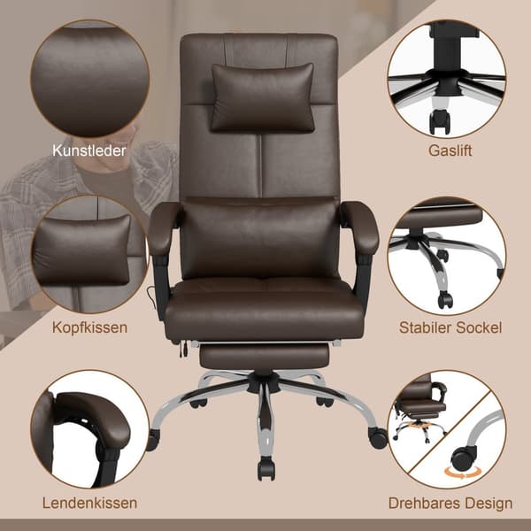 Kontorstol med massagefunktion, ergonomisk skrivebordsstol med lænefunktion, nakkestøtte, højdejusterbar, brun