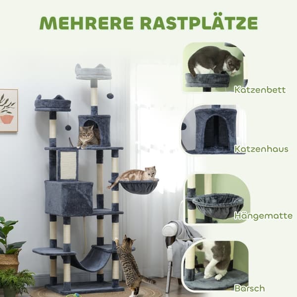 Kattetre 206 cm kattetårn med hule, 2 lekeballer, sisalstolper, plattform for store katter, mørkegrå