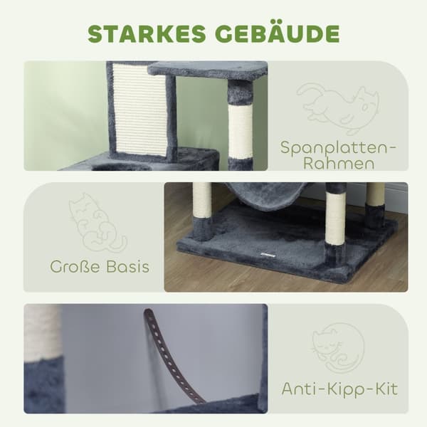 Kattetre 206 cm kattetårn med hule, 2 lekeballer, sisalstolper, plattform for store katter, mørkegrå