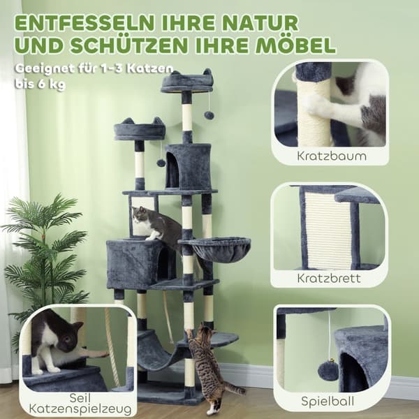 Kattetre 206 cm kattetårn med hule, 2 lekeballer, sisalstolper, plattform for store katter, mørkegrå