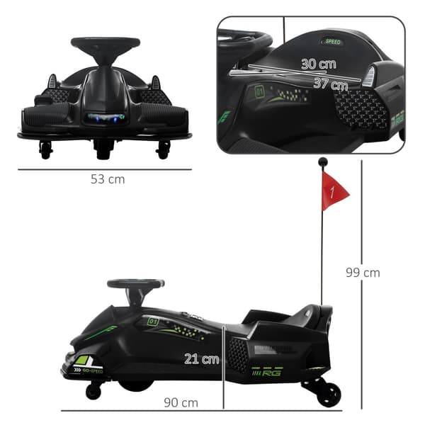El-gokart til børn, gummihjul, 3-8 km/t, med lys og musikfunktion, sort