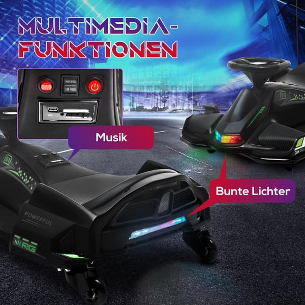 El-gokart til børn, gummihjul, 3-8 km/t, med lys og musikfunktion, sort