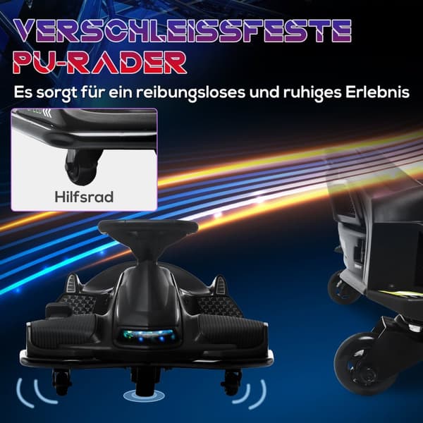 El-gokart til børn, gummihjul, 3-8 km/t, med lys og musikfunktion, sort