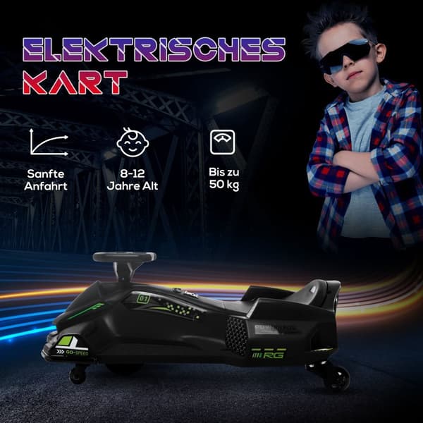 El-gokart til børn, gummihjul, 3-8 km/t, med lys og musikfunktion, sort