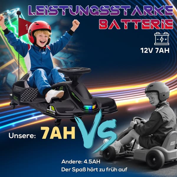 El-gokart til børn, gummihjul, 3-8 km/t, med lys og musikfunktion, sort