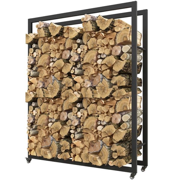 Vedstativ med hjul, mobil, metallramme, opptil 150 kg, 120 x 32 x 151 cm, svart