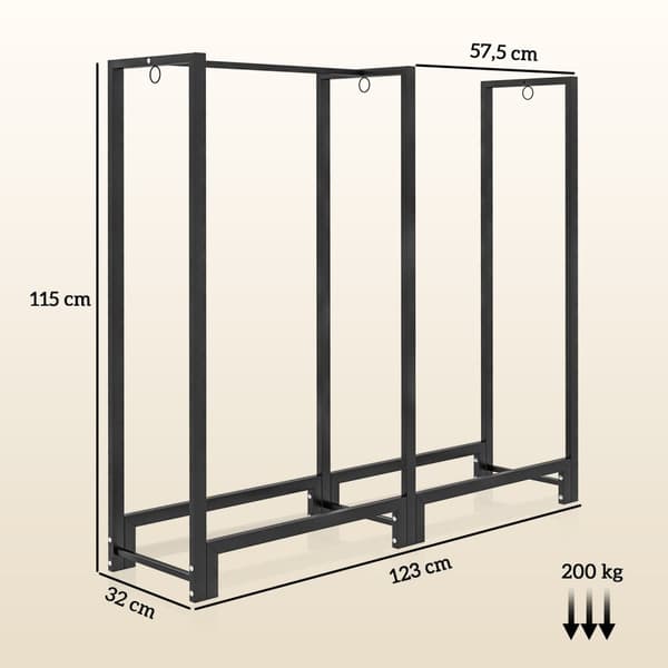 Brændestativ, to sektioner, stel af rustfrit stål, op til 200 kg, 123 x 32 x 115 cm, sort
