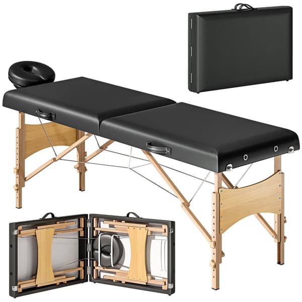 Høydejusterbart massasjebord, treramme, sammenleggbar massasjeseng, skumpolstring, svart