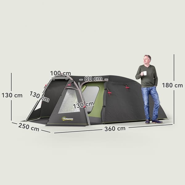 Tunneltelt til 4 personer, letvægts, stabilt, vandtæt, UV 50+ campingtelt med baldakin, dobbeltdør, sort