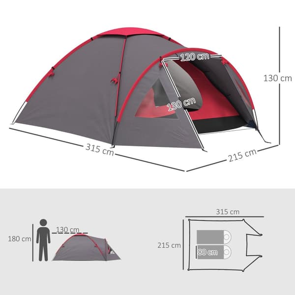 Campingtelt for 3 personer, lett, stabilt, vanntett, UV 50+, med baldakin, dør, vindu, grunnseil, grå