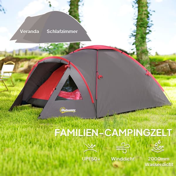 Campingtelt for 3 personer, lett, stabilt, vanntett, UV 50+, med baldakin, dør, vindu, grunnseil, grå
