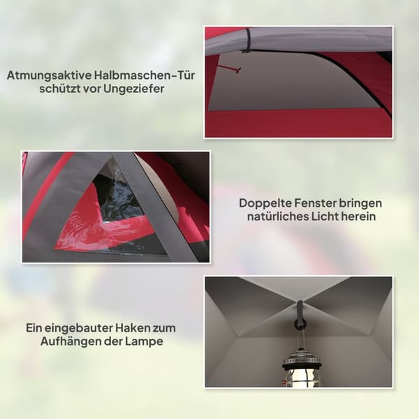 Campingtelt for 3 personer, lett, stabilt, vanntett, UV 50+, med baldakin, dør, vindu, grunnseil, grå