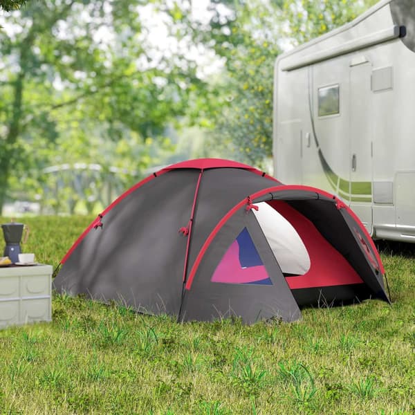 Campingtelt for 3 personer, lett, stabilt, vanntett, UV 50+, med baldakin, dør, vindu, grunnseil, grå