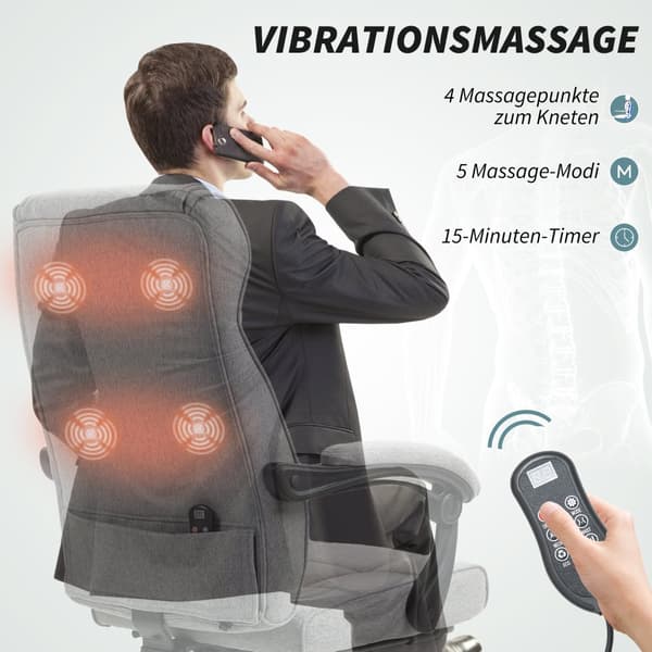 Kontorstol med massagefunktion Ergonomisk chefstol med lænefunktion Fodstøtte Grå