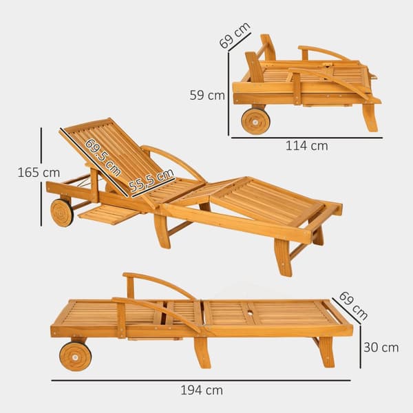 Solseng sammenleggbar hageseng i tre med sidebord, rull, 4-veis justerbar ryggstøtte i teak