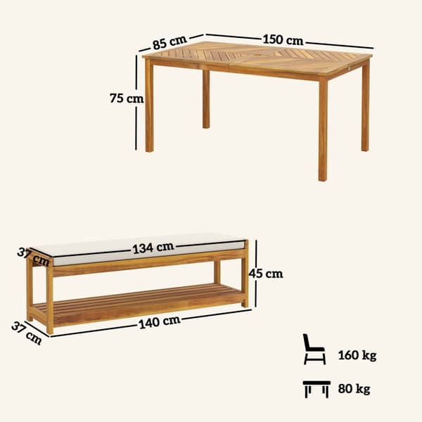 3-delt havemøbelsæt, siddesæt inkl. 1 spisebord med paraplyhul, 2 bænke 150 x 85 x 75 cm teaktræ