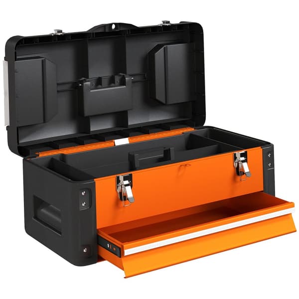 Tom værktøjskasse, 49,7 x 25,3 x 23 cm værktøjskasse med skuffe, minikasse stål orange