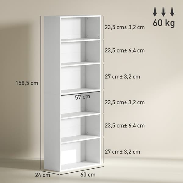 Reol, 6 rum, justerbare hylder, spånplade, 60 x 24 x 158,5 cm, hvid
