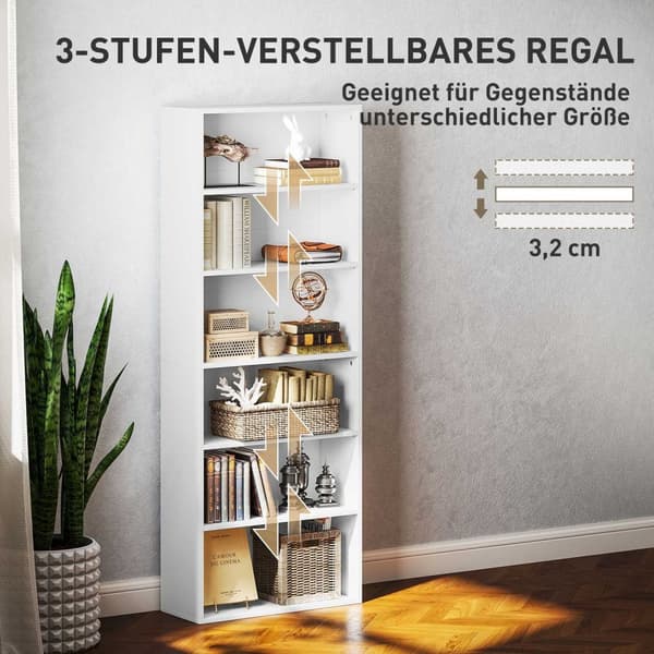 Reol, 6 rum, justerbare hylder, spånplade, 60 x 24 x 158,5 cm, hvid