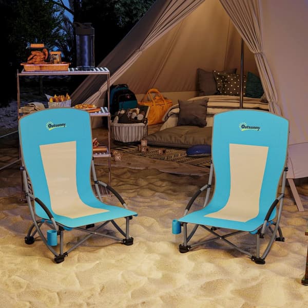 Sæt med 2 sammenklappelige campingstole med kopholder og mesh ryglæn op til 120 kg, blå