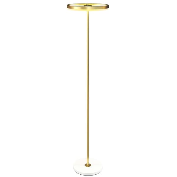 Gulvlampe, fodkontakt, metalstruktur, akrylskærm, 4000K, dæmpbar, guldfarvet