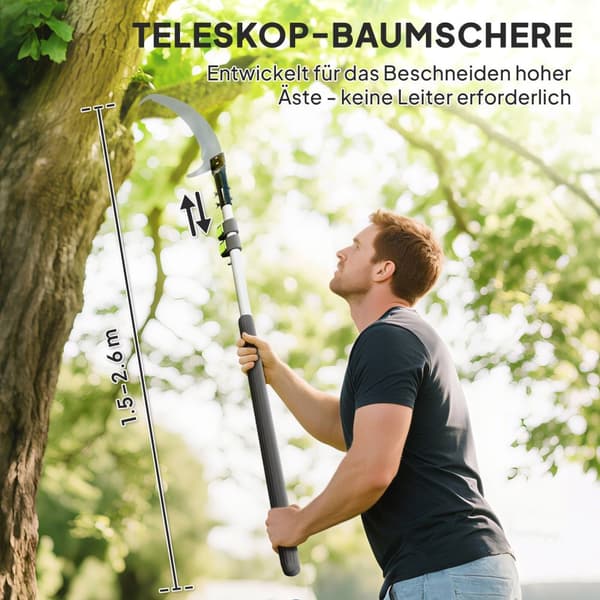 Teleskopisk grensag 1,5–2,6 m tresaks med låseanordning, teleskophåndtak, non-stick belagt blad, svart